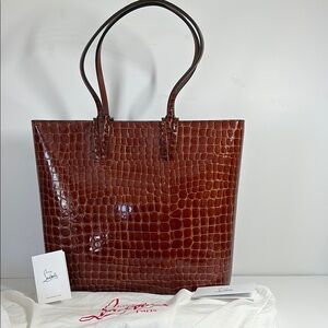Christian Louboutin Shiny Brown Croc-Embossed Tote NNT